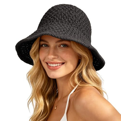 Sun Hat for Women Summer Straw Beach Hats Bucket Hat Floppy Crochet Hat - color: Black