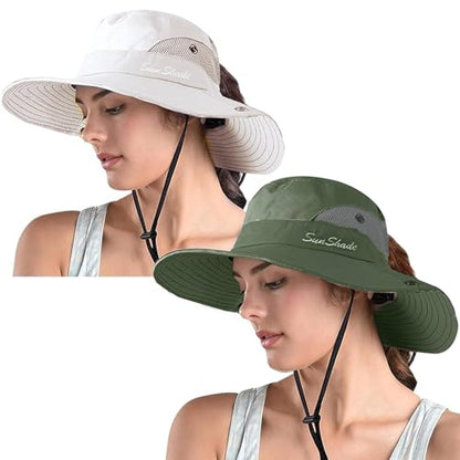 ZOORON Women's Ponytail Safari Sun Hat,Wide Brim UV Protection Bucket Hat - color: 2-purebeige/Army Green