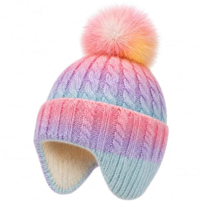Girls Rainbow Earflap Beanie, Kids Pom Pom Knit Winter Ski Hat Ages 3-8 - color: Pompom - Multicolor