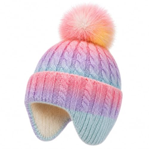 Girls Rainbow Earflap Beanie, Kids Pom Pom Knit Winter Ski Hat Ages 3-8 - color: Pompom - Multicolor