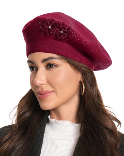 Flower Embroidery Beret Hat for Women, French Style Knitted Beret Hats, Stylish Solid Color Beret Cap for Women Girls Lady - color: Wine Red 2 Flowers