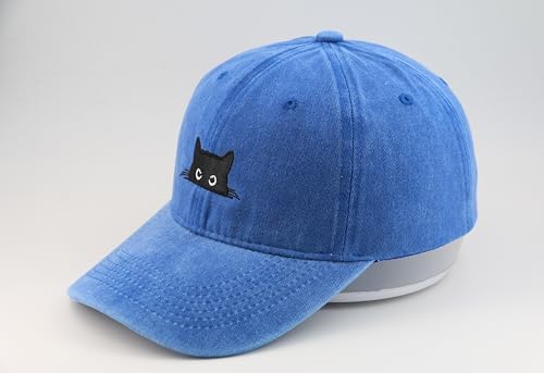 Peeking Black Cat Embroidered Washed Baseball Cap, Adjustable Vintage Dad Hat for Cat Lovers Unisex - color: Blue