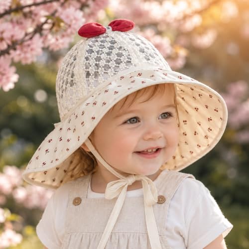 Toddler Girls Sun Hat - Wide Brim Bucket Hat with Neck Flap, Crochet Lace, Adjustable Strap (1-4 Years) - color: Burgundy Bow