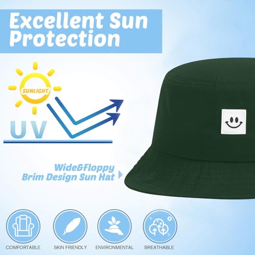 Kids Sun Hat Smile Face Bucket Hat for Girls Boys Summer Sun Protection Cotton Unisex Beach Cap - color: Dark Green