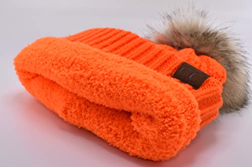 C.C Trendy Fuzzy Fleece Lined Warm Comfortable Soft Stretch Cable Knit Ribbed Faux Fur Pom Pom Beanie Hat - color: Neon Orange