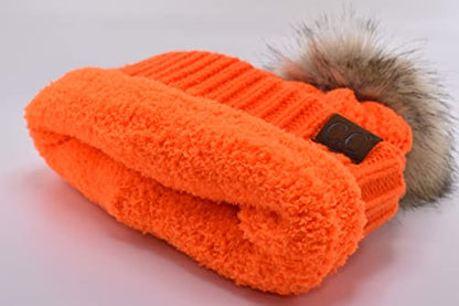 C.C Trendy Fuzzy Fleece Lined Warm Comfortable Soft Stretch Cable Knit Ribbed Faux Fur Pom Pom Beanie Hat - color: Neon Orange
