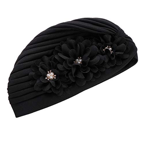 Flower Pre-Tied Turban Beanie, Soft Chemo Cap for Women Cancer Hair Loss - color: Black