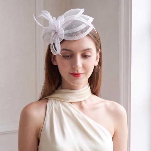 Sinamay Fascinator Hat Headband Clip for Women Tea Party - color: White-01