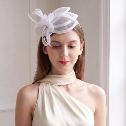 Sinamay Fascinator Hat Headband Clip for Women Tea Party - color: White-01