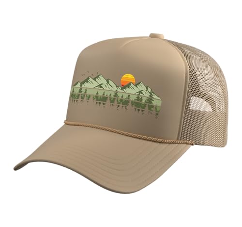 Trees Landscape Mountains Vintage Forest Trucker Hat with Adjustable Mesh Back - color: Khaki
