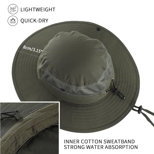 Home Prefer UPF50+ Mens Sun Hat Wide Brim Womens UV Protection Beach Bucket Hat for Fishing Hiking Snap Up Cowboy Hat - color: Army Green
