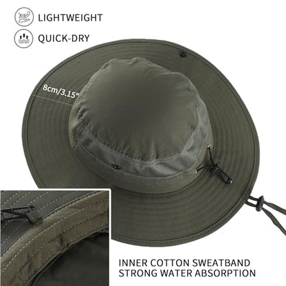 Home Prefer UPF50+ Mens Sun Hat Wide Brim Womens UV Protection Beach Bucket Hat for Fishing Hiking Snap Up Cowboy Hat - color: Army Green