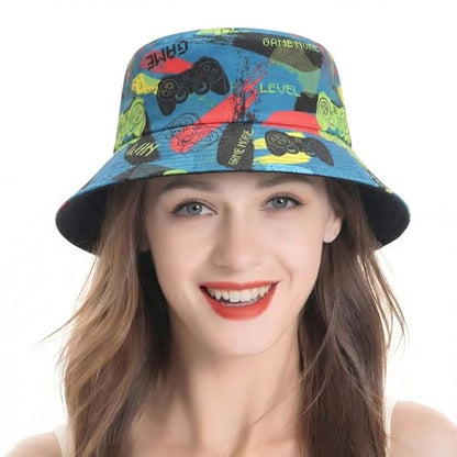 ZLYC Printed Bucket Hat for Women Men Packable Summer Sun Hat for Beach - color: Gamer Print Navy
