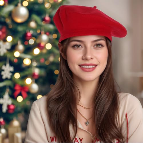 1Pcs French Beret Hats Solid Classic Beret Beanie Hats for Women Teens - color: Red