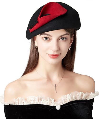 Women's Vintage 100% Wool Felt Cloche Bucket Bowler Hat Winter Vintage Bow Fedoras Church Derby Fascinator Hat - color: C1-black,red