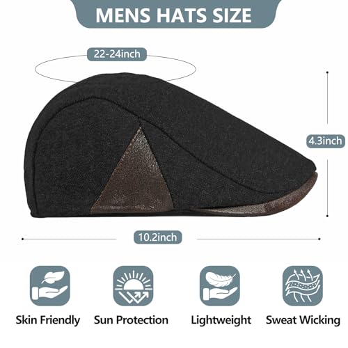 meioro Men's Cotton Newsboy Hat Adjustable Tweed Flat Cap for Men - color: Black