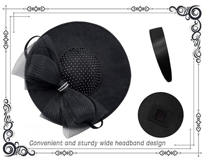 dressfan Wide Brim Fascinator Hats for Women,20s Linen Rhinestones Bow Big Hat for Derby Church Wedding Tea Party - color: Black