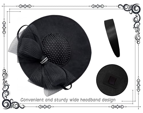 dressfan Wide Brim Fascinator Hats for Women,20s Linen Rhinestones Bow Big Hat for Derby Church Wedding Tea Party - color: Black