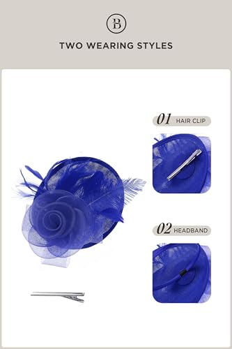 BABEYOND Fascinators Hats for Women Tea Party Mesh Flower Pillbox Derby Hat - color: Royal Blue