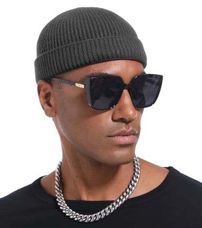 Wool Cuffed Beanie for Men Unisex Knit Watch Cap Thin Fisherman Beanies - color: Dark Grey