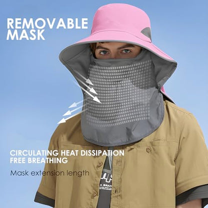 Outdoor Sun Hat Detachable Neck Face Flap UPF 50+UV Protection Visor Fishing Hats with Neck Flap for Men & Women - color: Pink