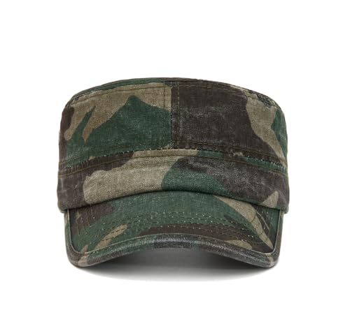 Military Cadet Army Cap for Men Women-Washed Cotton Vintage Adjustable Flat Top Baseball Hat - color: Camo Green
