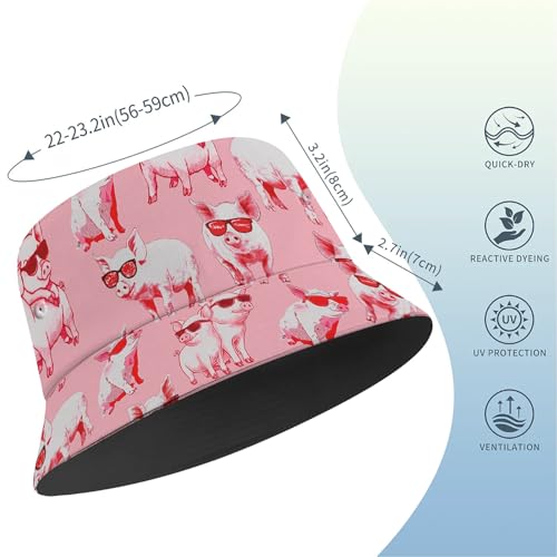 Amasnay Funny Bucket Hat Cotton Double-Side-Wear Reversible Sun Hat for Women Men, Summer Vacation Travel Beach Fisherman Hat - color: Cool Pink Sunglasses Pig