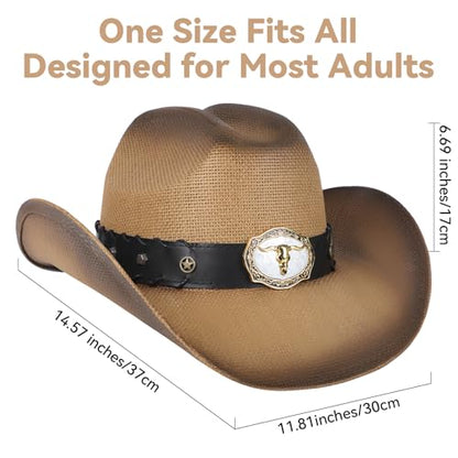 WQWOVRVO Cowboy Hat,Cowgirl hat,Brown Cowboy Hats for Women/Mens Straw Wide with Shapeable Brim Western Cowboy Hat for Womens - color: Camel & Brown