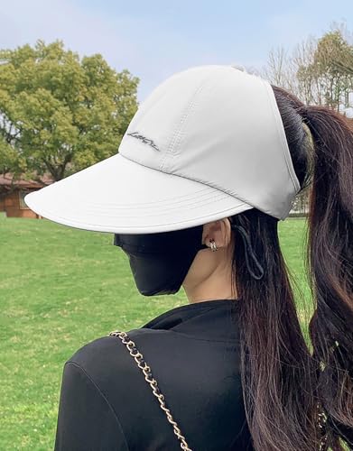 Sun Hats for Women Outdoor Wide Brim UV Protection Hollow Top Summer Beach Packable Visor with Ponytail-Hole - color: White