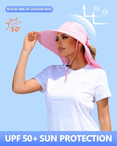 Womens Sun Hat Outdoor UV Protection Wide Brim Fishing Hat with Ponytail Hole Neck Flap for Beach Hiking Camping - color: Sun Hat-pink