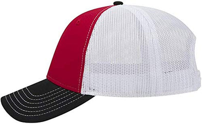 Ashen Fane 6 Panel Low Profile Contrast Vertical Mesh Back Snapback Hat - color: Blk/Red/Wht