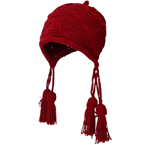 Cute Winter Crochet Knitted Beanie Hat for Women Red Hat Tassel Earflap Chunky Hat Outdoor Braid Skull Caps