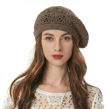 ZLYC Women Cotton Slouchy Crochet Beret Handmade Cutout Floral Beanie Hat - color: Plain Brown