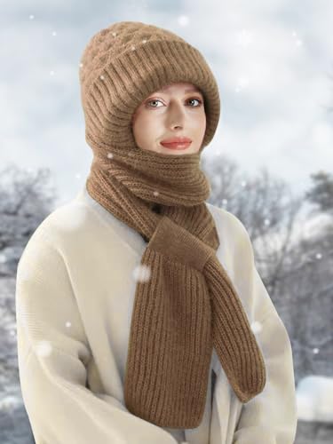 Sumolux Integrated Ear Protection Windproof Cap Scarf Elastic Knitting - color: Brown