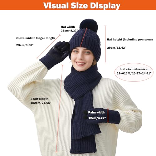 HUAMULAN Women Winter Knit Beanie Hat Circle Scarf Set Pompoms Ear Flaps - color: Navy With Scarf and Gloves