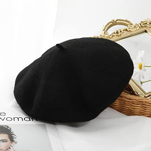 Women French Wool Beret Hats - Solid Color Classic Beanie Winter Cap - color: Thicker-black