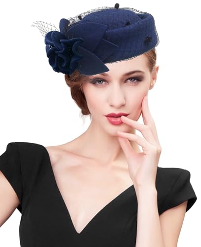 Z&X British Vintage Wool Felt Pillbox Hat Ladies Church Derby Winter Fascinator Hat Veil Flower Fedoras - color: 033a Navy Blue Wool Floral