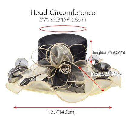 2026 Derby Hats for Women Ladies, Classy Organza Sun Hat, Church Tea Party Wedding Kentucky Fascinator Hat - color: J-2462-black Gold
