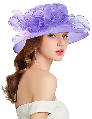 Women Derby Fascinator Hat Organza Church Wedding Hats Wide Brim Cocktail Tea Party Hat - color: 12 Purple