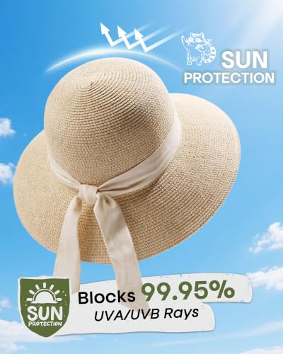 FURTALK Womens Beach Sun Straw Hat Wide Brim UV Protection Travel Hat - color: Mix Beige-beige, size: Medium-Large