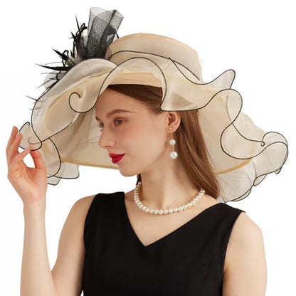 Women Organza Church Derby Hat Wide Brim Sun Caps for Wedding Tea Party Hat with Detachable hat Flower as Headgear - color: 11-beige