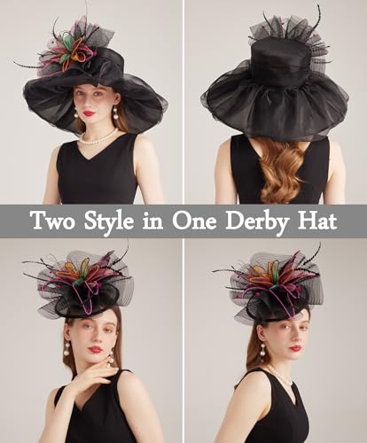 Women Derby Fascinator Hat Organza Church Wedding Hats Wide Brim Cocktail Tea Party Hat - color: 37black