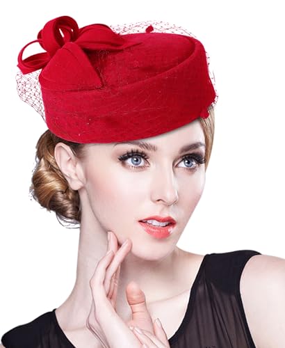 Z&X British Vintage Wool Felt Pillbox Hat Ladies Church Derby Winter Fascinator Hat Veil Flower Fedoras - color: A- Red