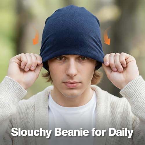 2 Pack Spring Slouchy Beanie for Men Women Lightweight Stacked Skull Cap Chemo Cap Night Sleeping Hat - color: Black+blue
