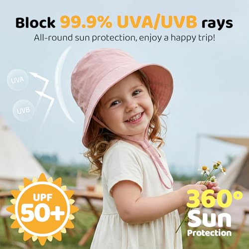 Toddler Bucket Hats UPF 50+ Baby Sun Hat Adjustable Kids Sun Protection Summer Hat Wide Brim Beach Hat for Boys Girls 0-6Y - color: Pink+white, size: 0-6 Months