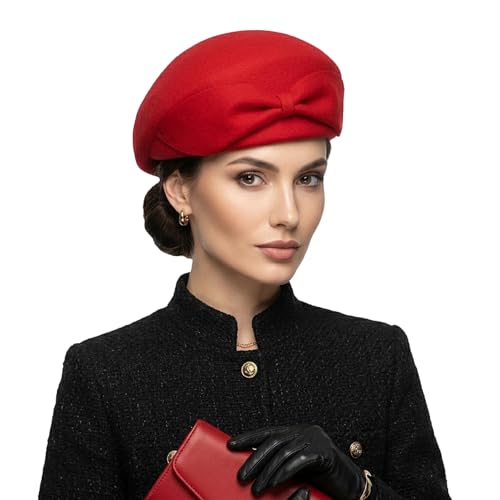 Womens Wool Felt French Berets Pillbox Hat Vintage Beanie Beret Bowknot Cap - color: 1 Red