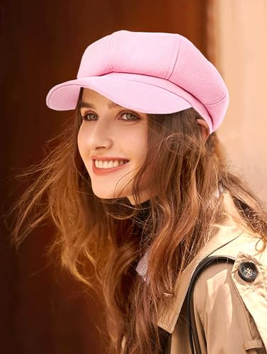 Women’s Newsboy Cap Wool Blend Retro Solid Color Girls Fashion Gatsby Cabbie Visor Beret Hat - color: Pink