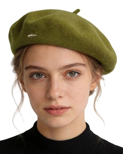 Classic French - Style Wool Beret with Metal Decoration - Solid Color Painters Hat - Ideal for Artists All Year Round - color: Mustard Green