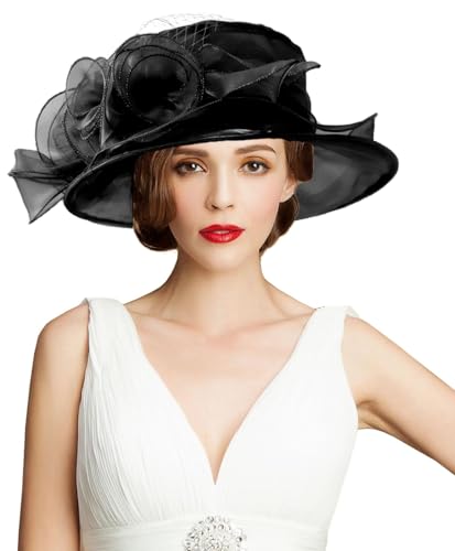 Women's Kentucky Derby Church Dress Hat Wide Brim Leaf Flower Bridal Shower Hat - color: A9 Black