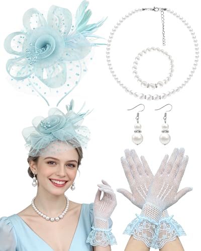 Fascinator Tea Party Hat Set for Women Elegant Vintage Accessories for High Tea Wedding Bridal Shower - color: Light Blue